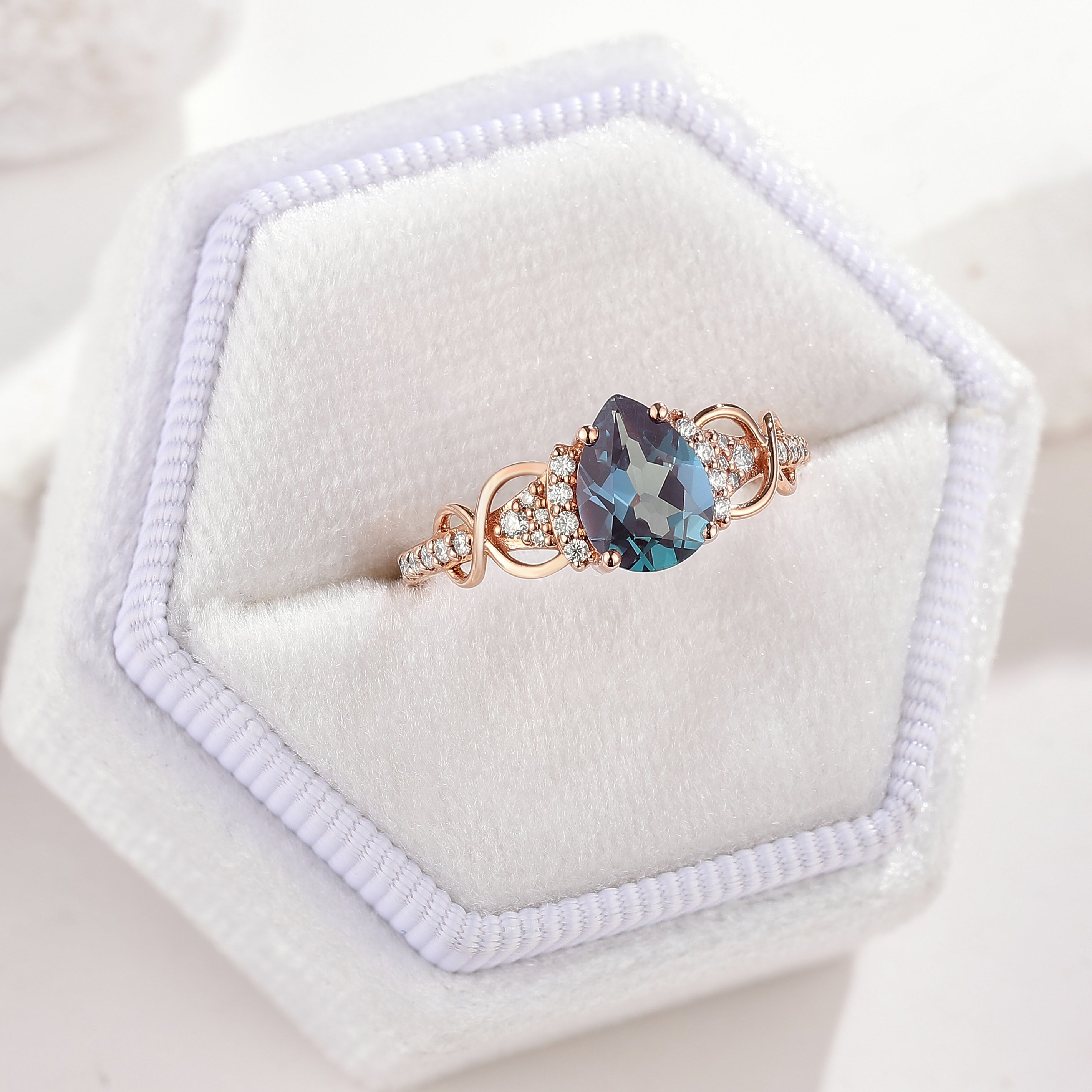 Pear Cut Alexandrite Engagement Ring Moissanite Cluster Rose Gold Ring In A White RIng Box