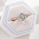Rose gold moss agate engagement ring and moissanite wedding band set