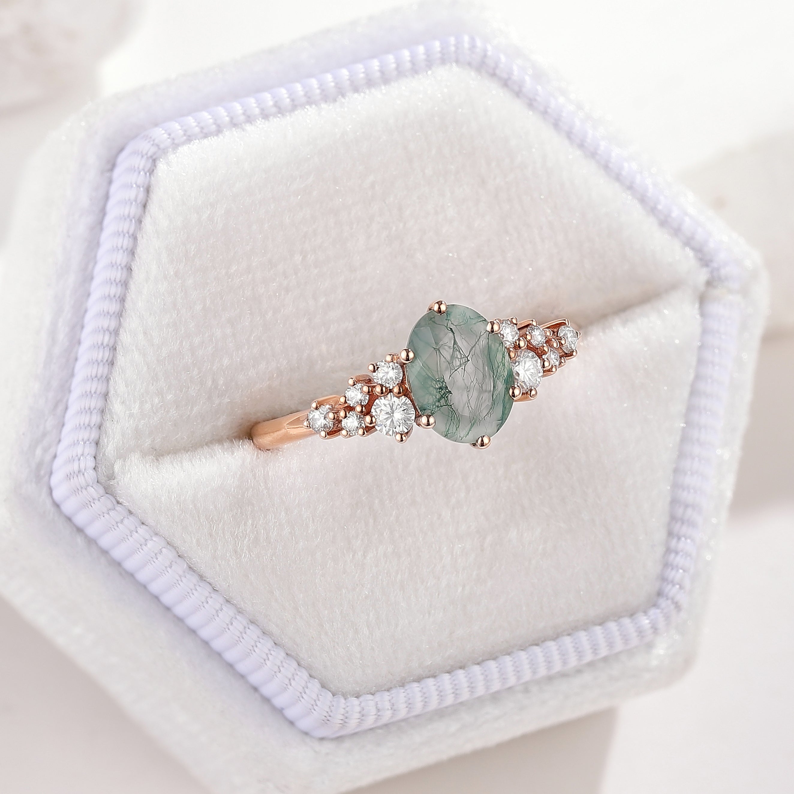 Oval Cut Moss Agate Engagement Ring Moissanite Cluster In A White Ring Box