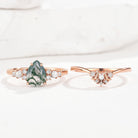 Rose Gold Pear Cut Moss Agate & Pearl Engagement Ring Set
