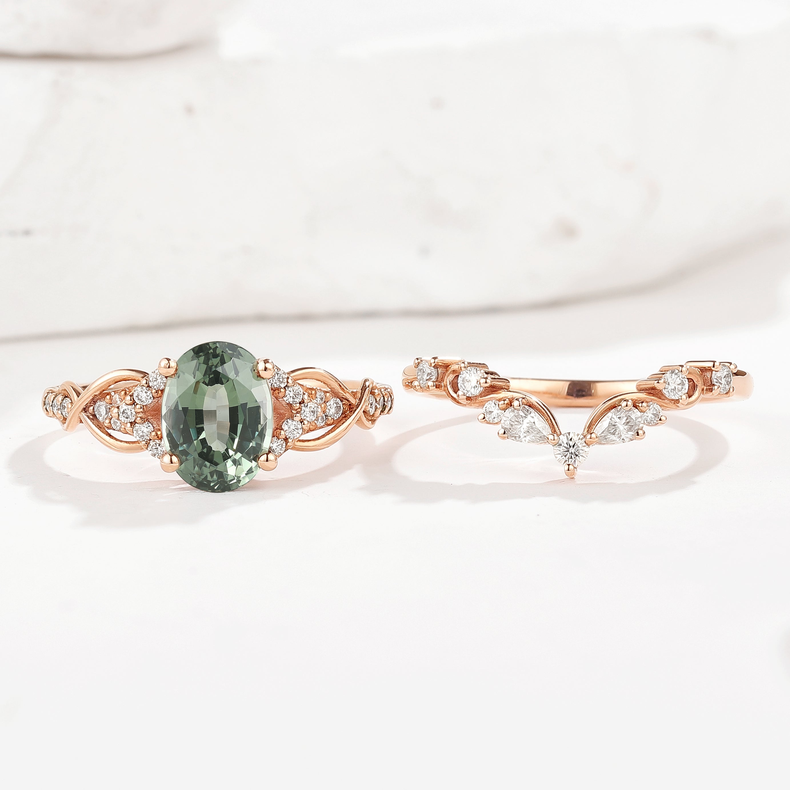 Rose gold oval green sapphire engagement ring set