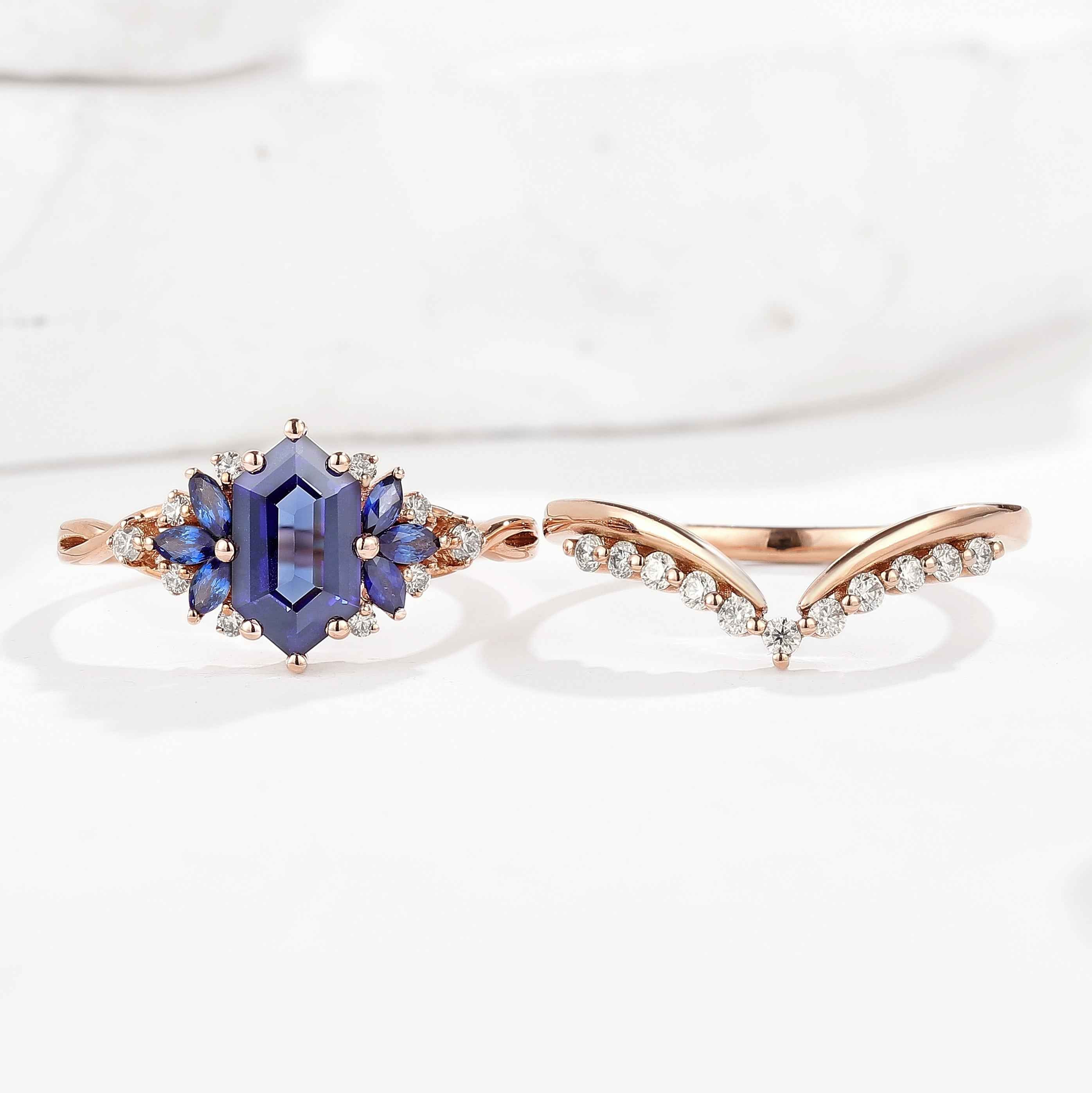 Dainty Hexagon Cut Blue Sapphire Engagement Ring Set Chevron Wedding Band 2pcs