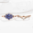 Dainty Hexagon Cut Blue Sapphire Engagement Ring Set Chevron Wedding Band 2pcs