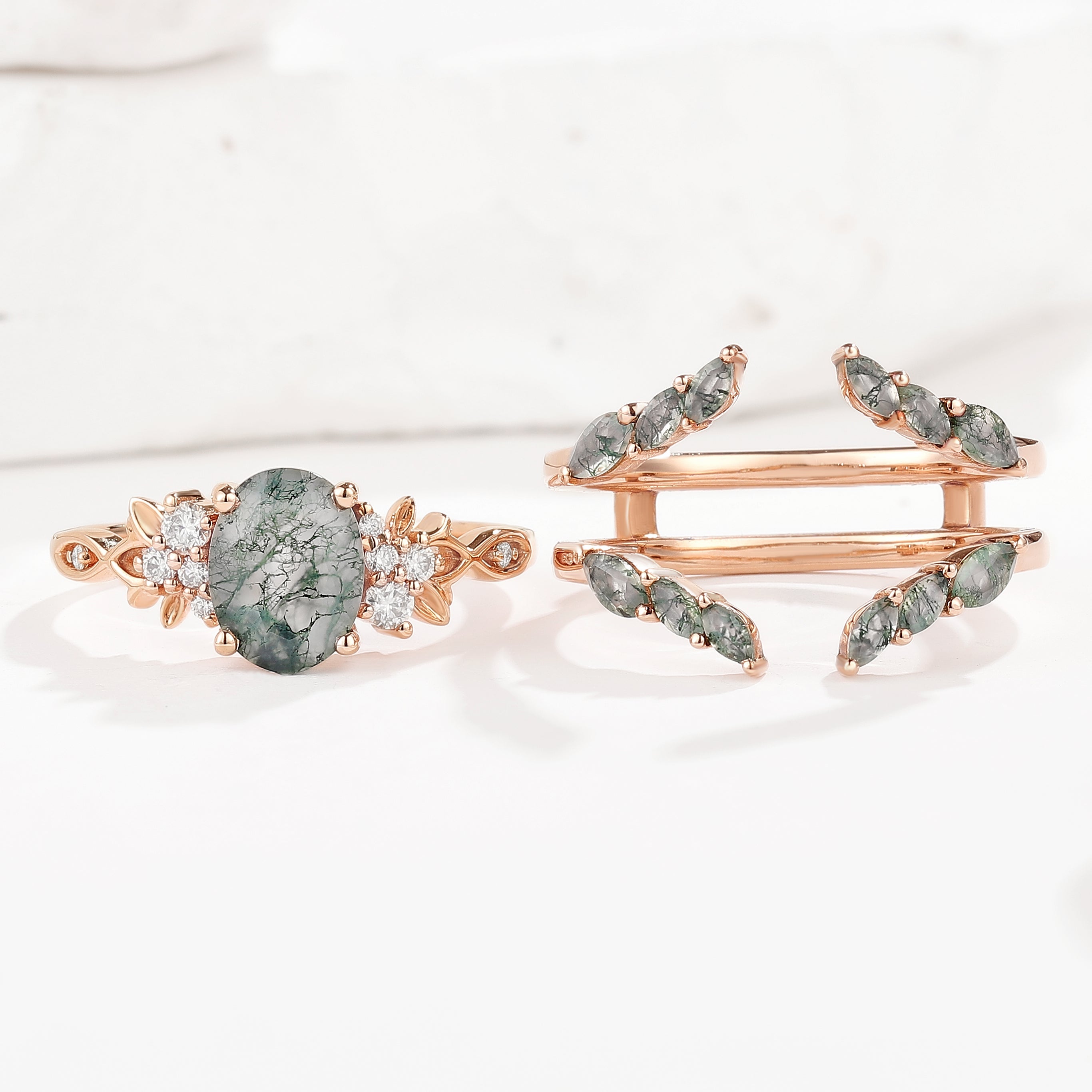 Moss Agate Engagement Rings Set Enhancer Wedding Band