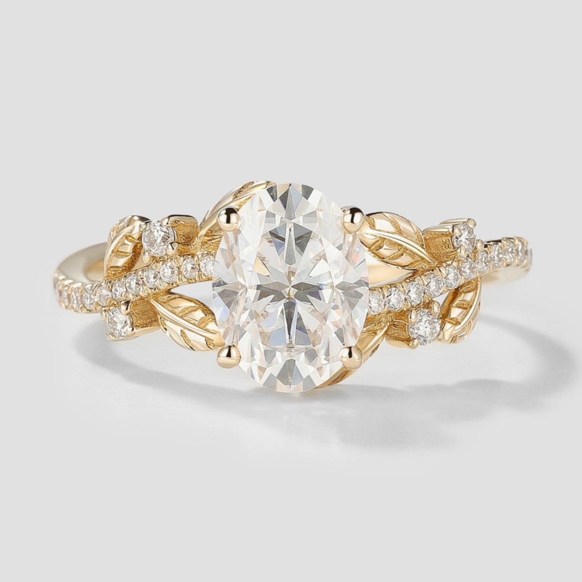 Nature Inspired Oval Cut Moissanite Engagement Ring Leaf Ring In Yellow Gold