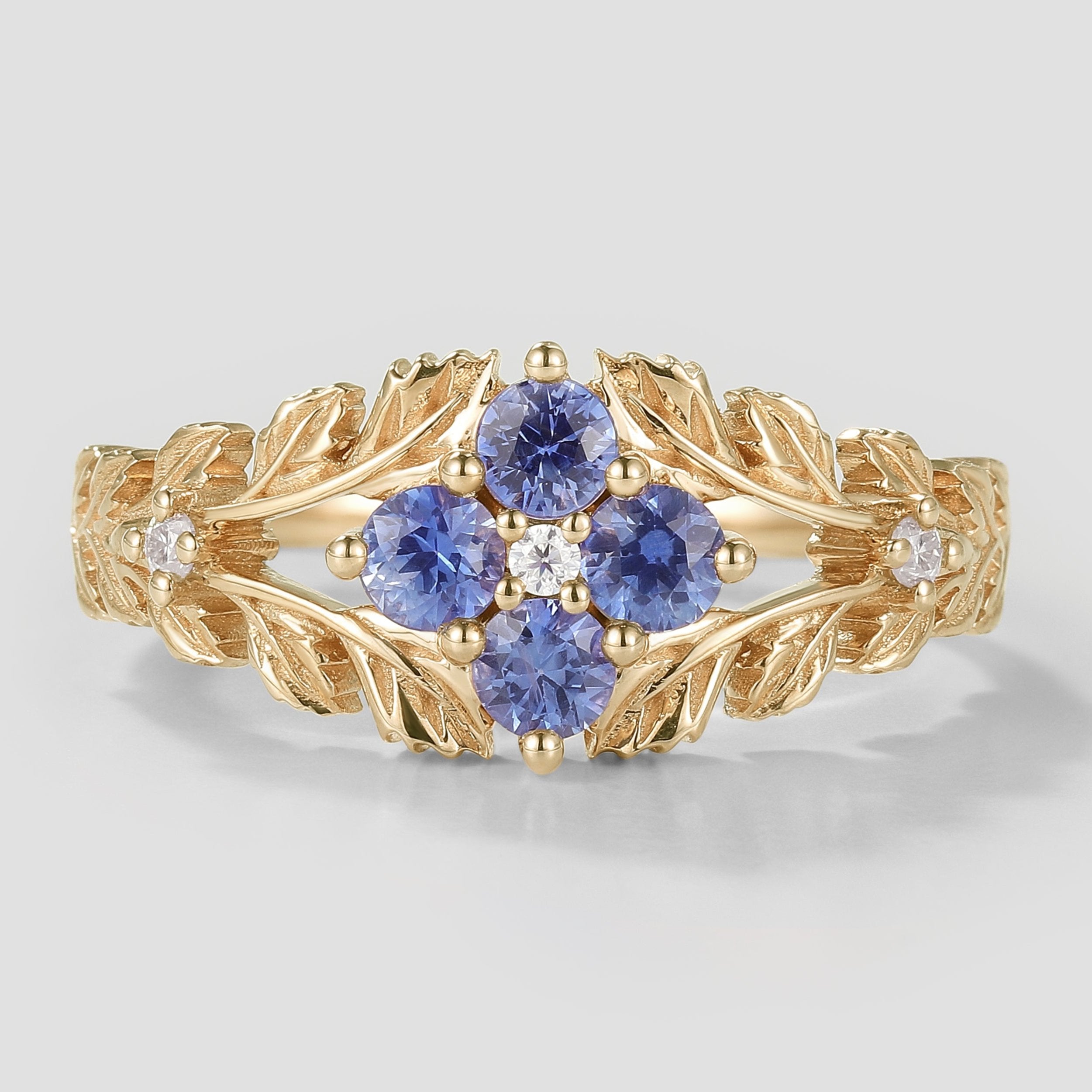 Nature Inspired Lab Cornflower Leaf Engagement Ring In Yellow Gold