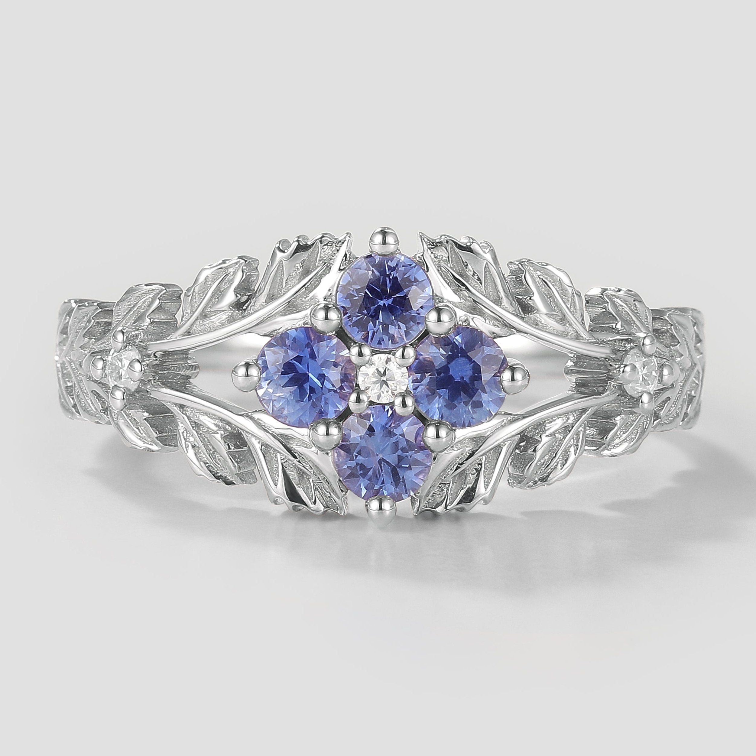 Nature Inspired Lab Cornflower Leaf Engagement Ring In White Gold