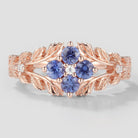 Rose gold Cornflower sapphire leaf engagement ring, nature-inspired design