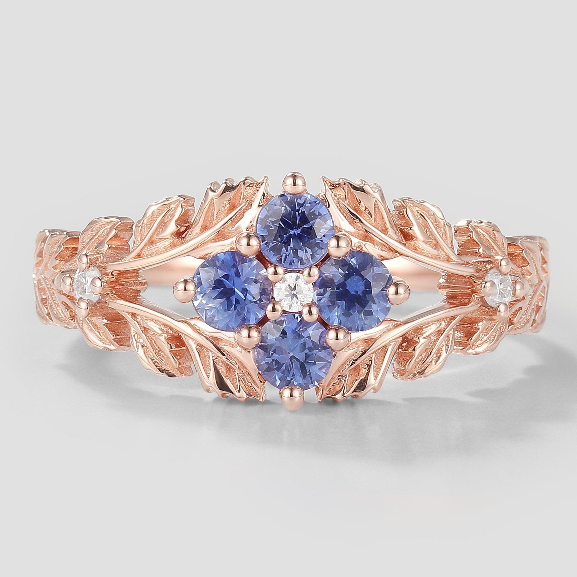 Nature Inspired Lab Cornflower Leaf Engagement Ring In Rose Gold