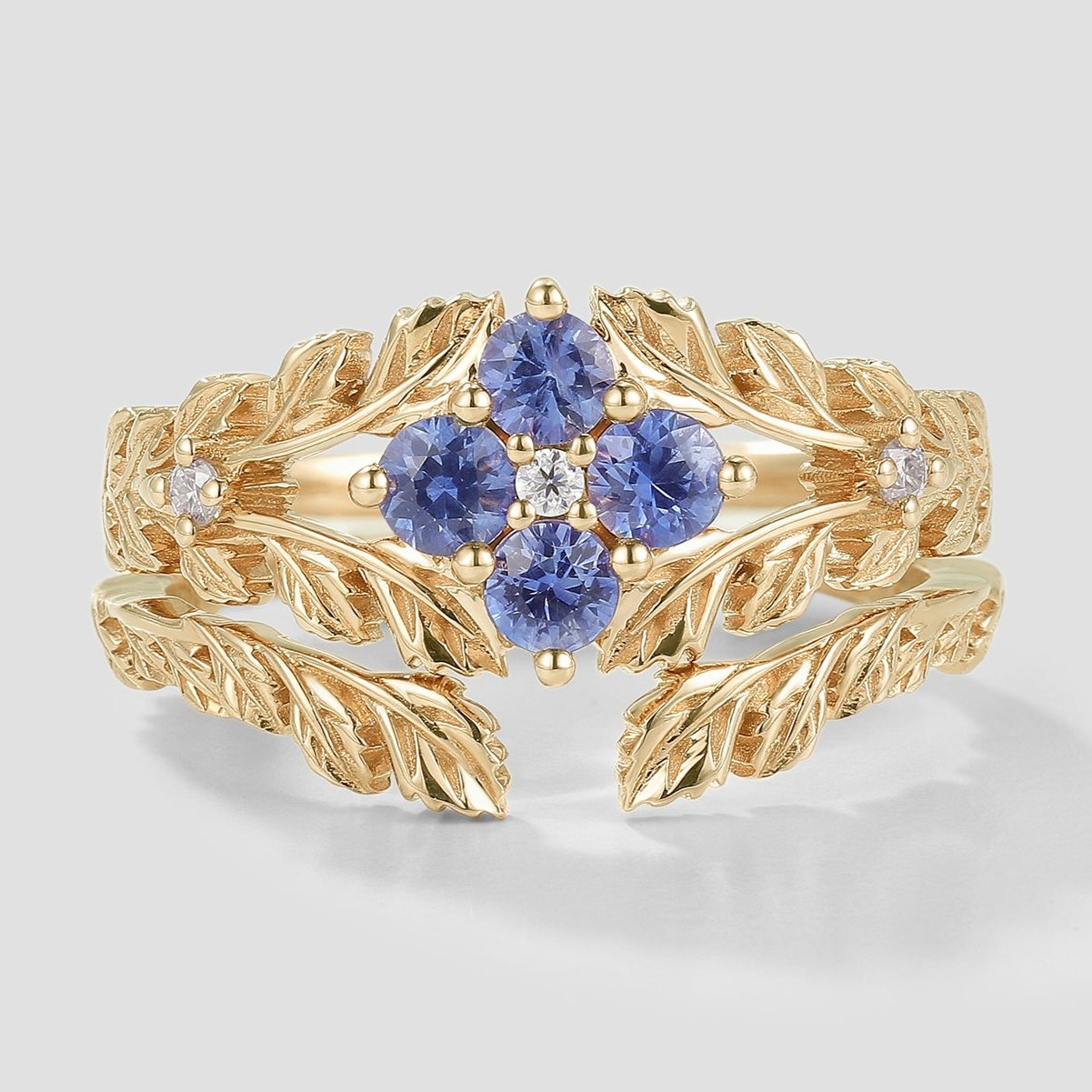 Nature Inspired Lab Cornflower Leaf Engagement Ring Set 2pcs In Yellow Gold