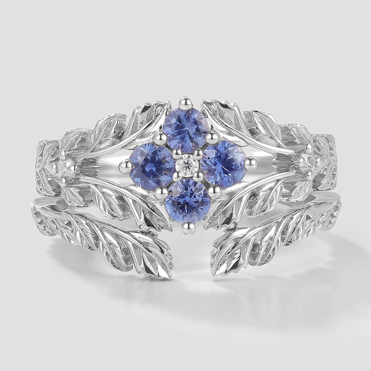 Nature Inspired Lab Cornflower Leaf Engagement Ring Set 2pcs In White Gold