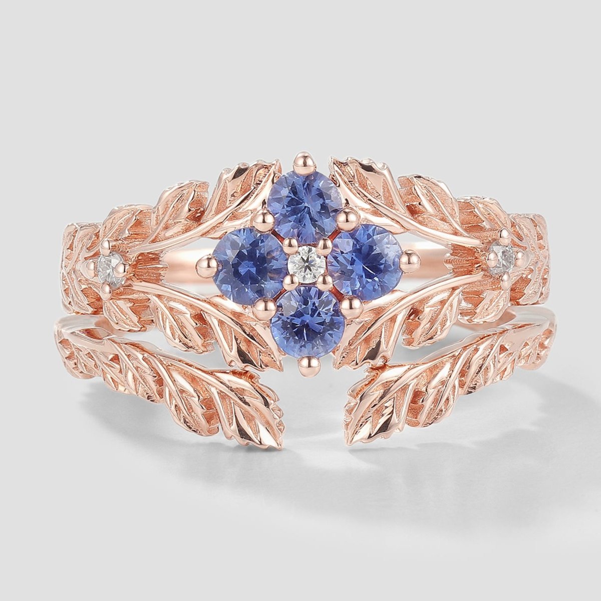 Nature Inspired Lab Cornflower Leaf Engagement Ring Set 2pcs In Rose Gold