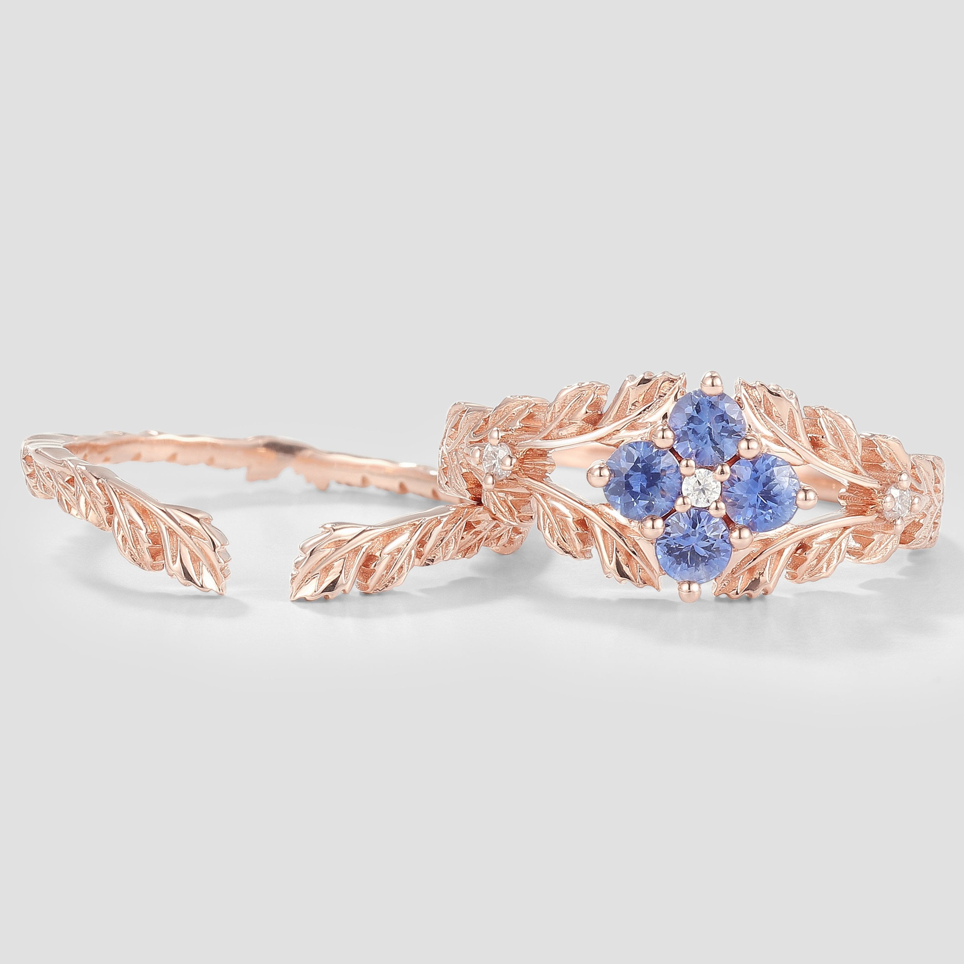 Nature Inspired Lab Cornflower Leaf Engagement Ring Set 2pcs