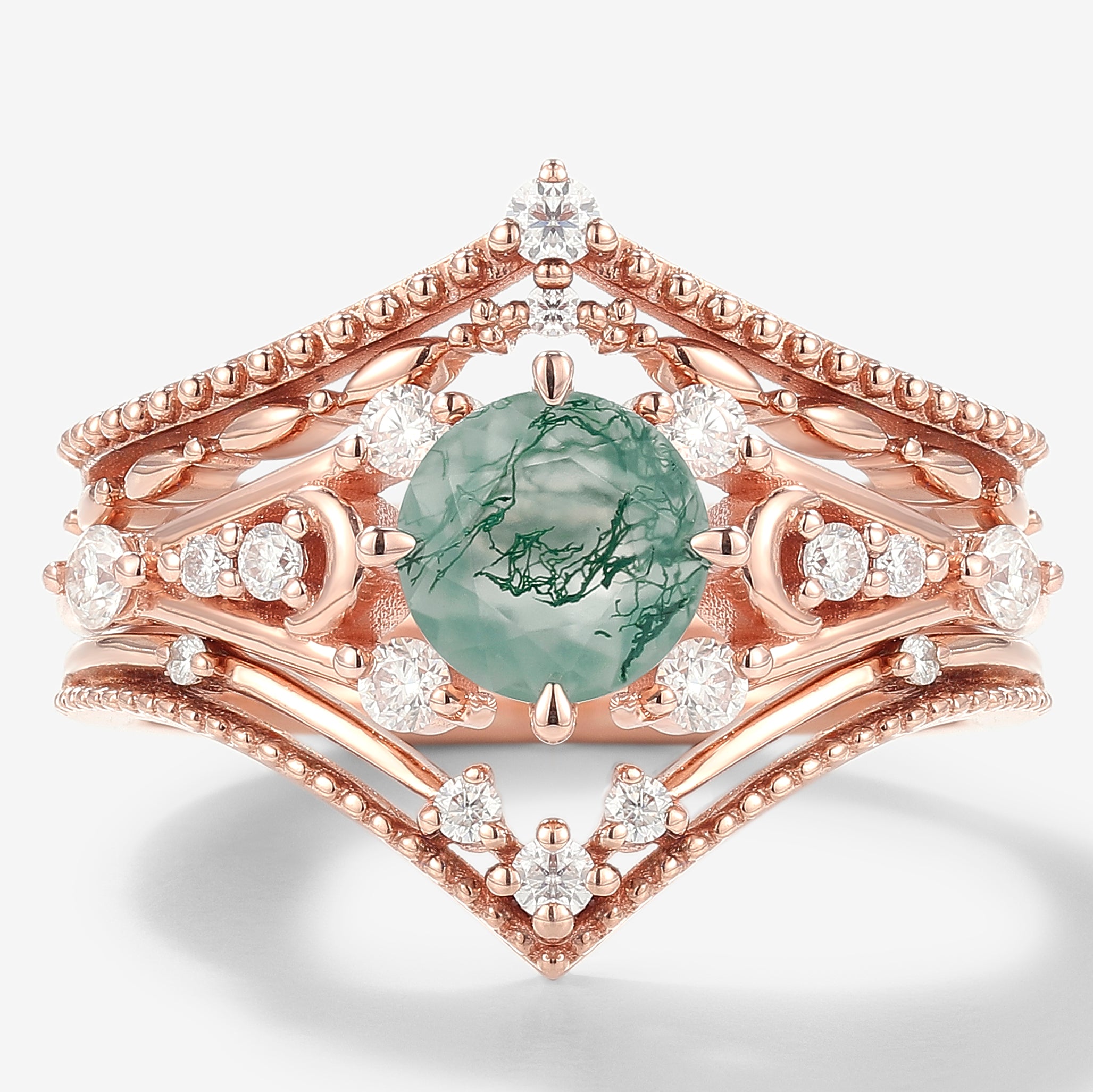 Rose gold moss agate engagement ring set with moissanite accents and wedding bands, vintage inspired bridal set