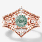Rose gold moss agate engagement ring set with moissanite accents and wedding bands, vintage inspired bridal set
