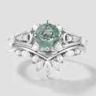 Moss Agate Moon Engagement Ring and Pearl Wedding Band Set