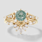 Yellow Gold Moss Agate Moon Engagement Ring Set