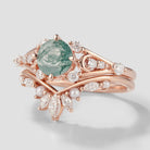 Moss Agate Moon Engagement Ring Set with Moissanite and Pearls