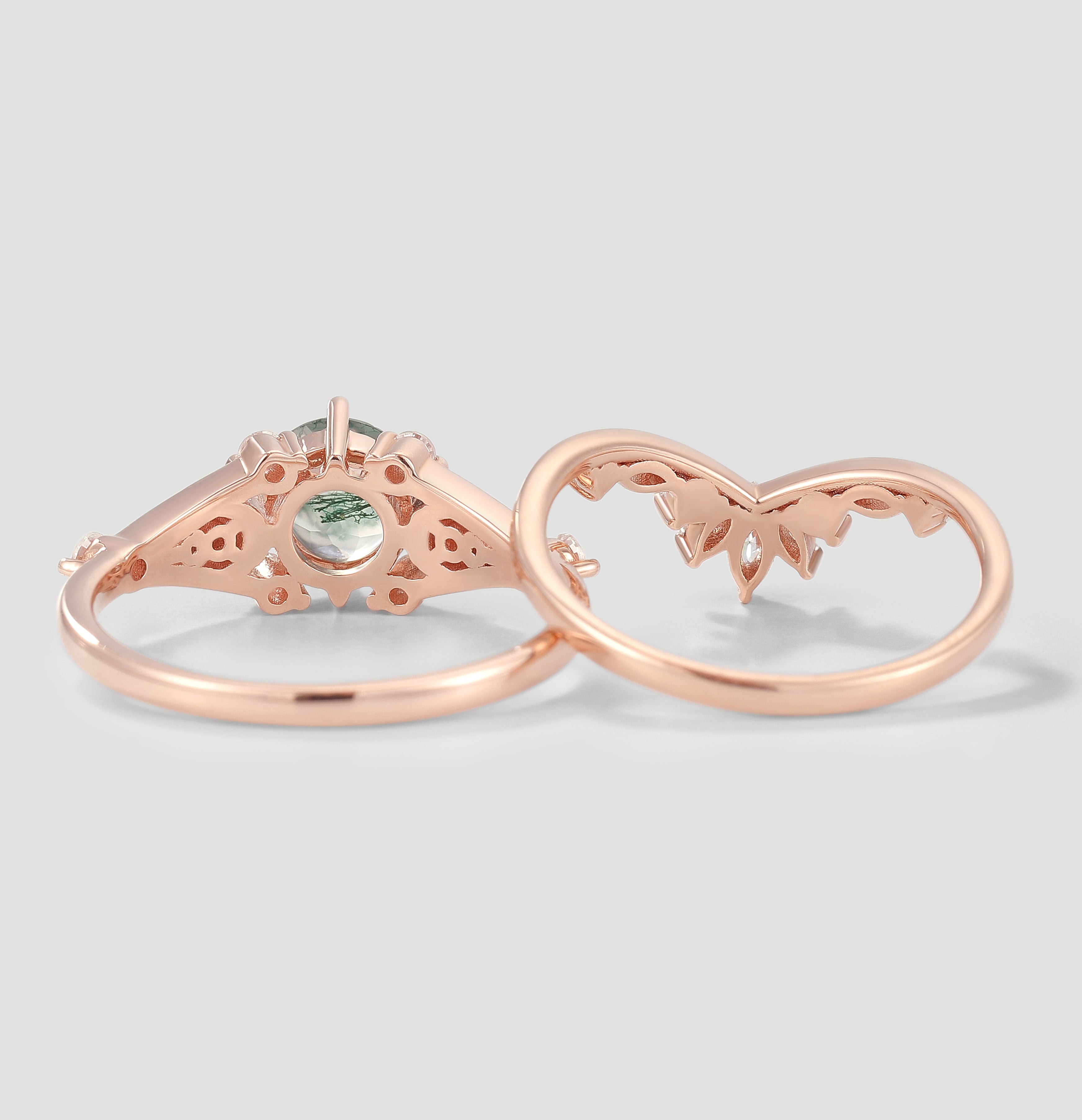 Rose Gold Moss Agate Moon Engagement Ring & Wedding Band Set
