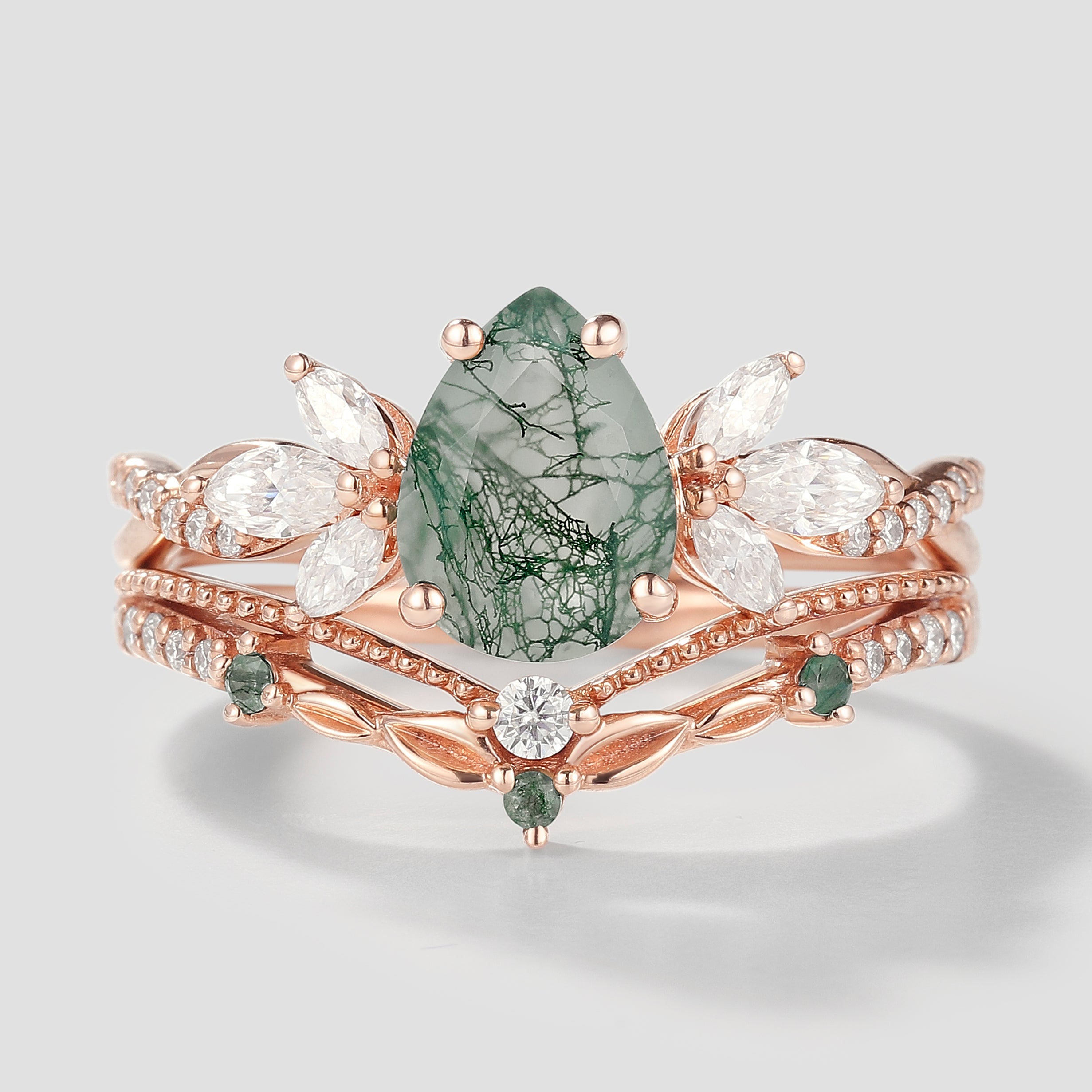 Pear Cut Moss Agate Engagement Ring with Leaf Chevron Wedding Band set