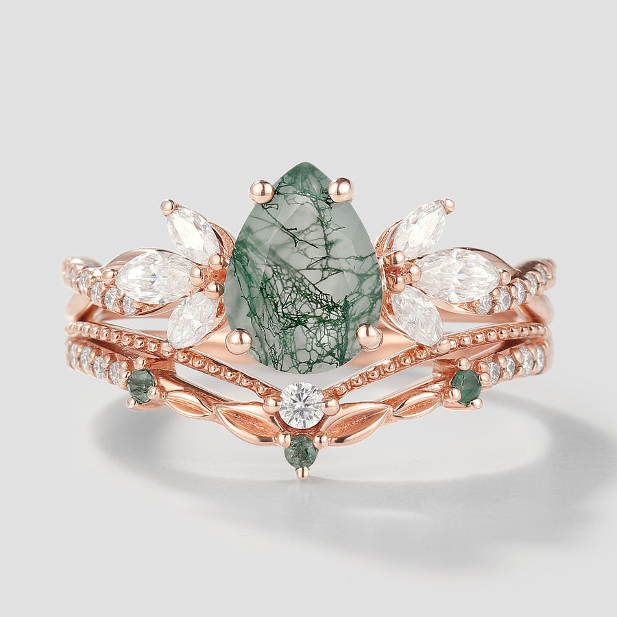 Pear Cut Moss Agate Engagement Ring with Leaf Chevron Wedding Band set
