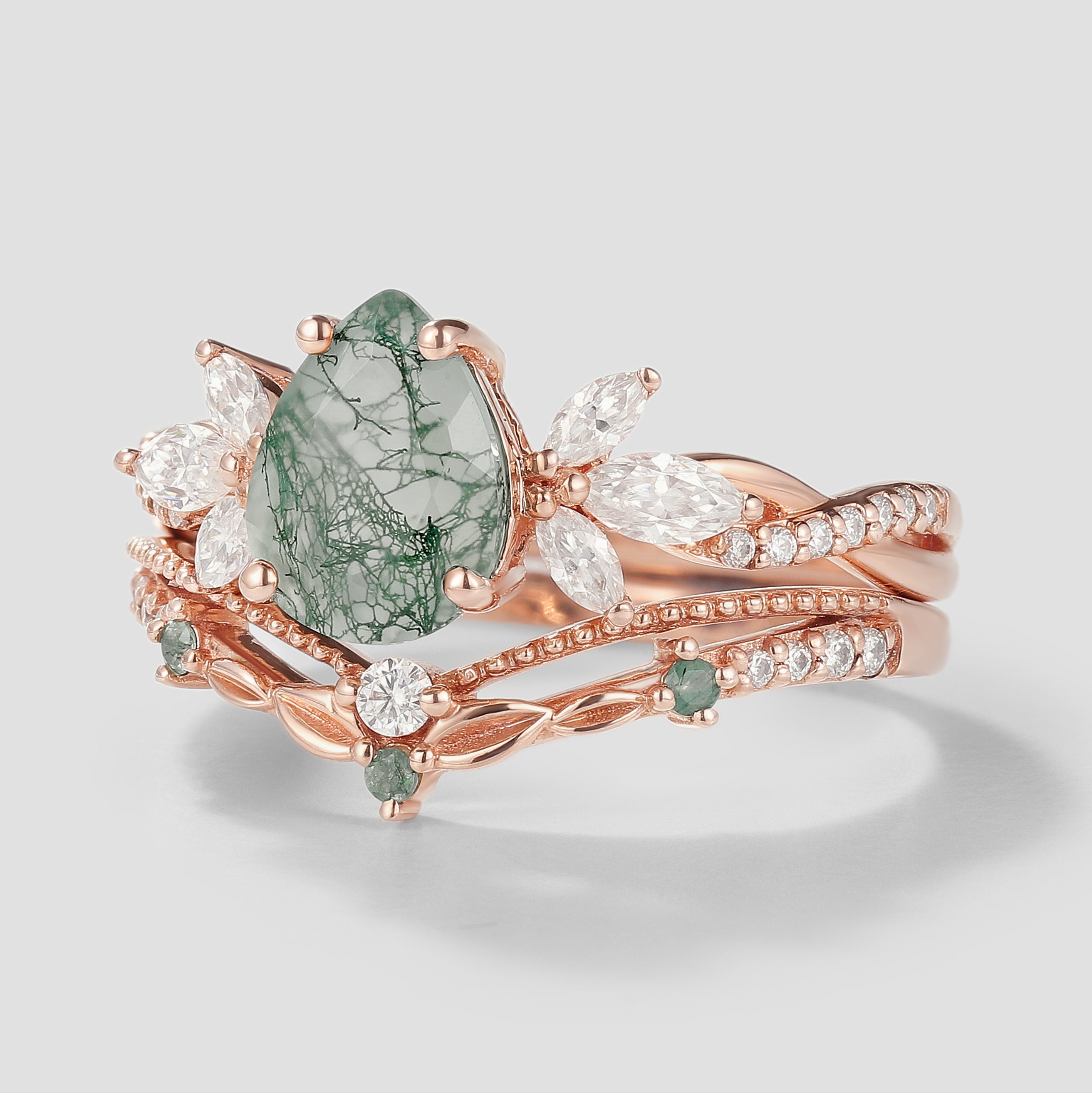 Rose gold moss agate engagement ring set, nature-inspired design