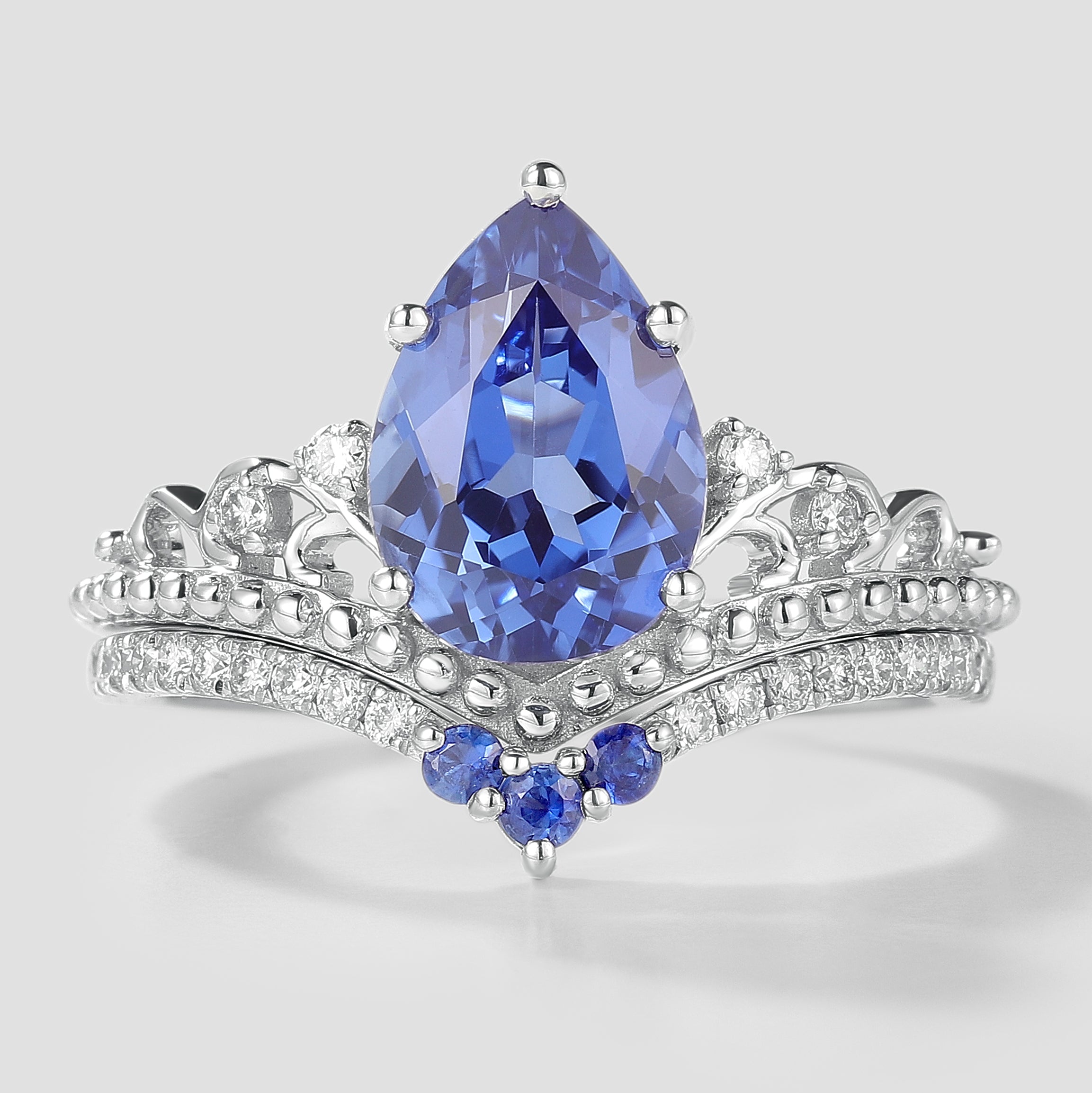 Vintage Lab Cornflower Sapphire Engagement Ring Set