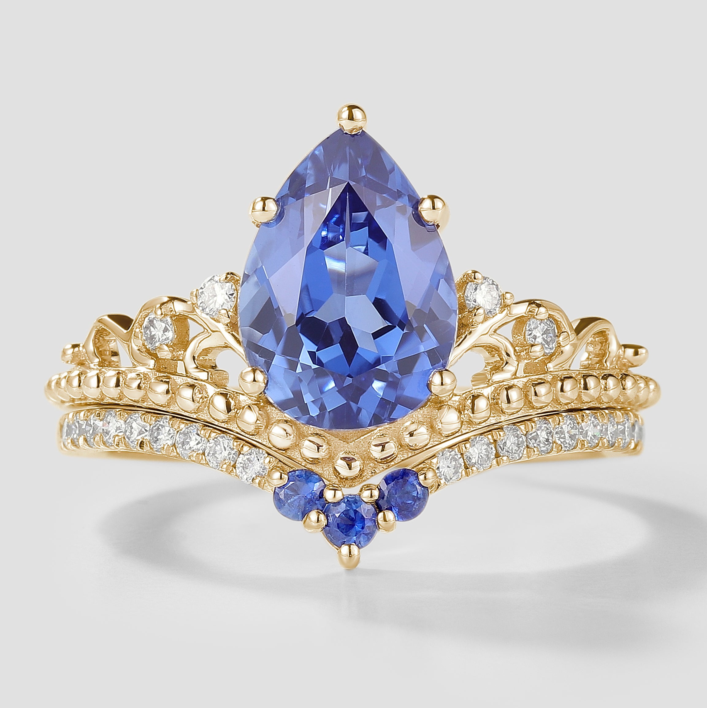 Vintage Lab Cornflower Sapphire Engagement Ring Set 2pcs In Yellow Gold