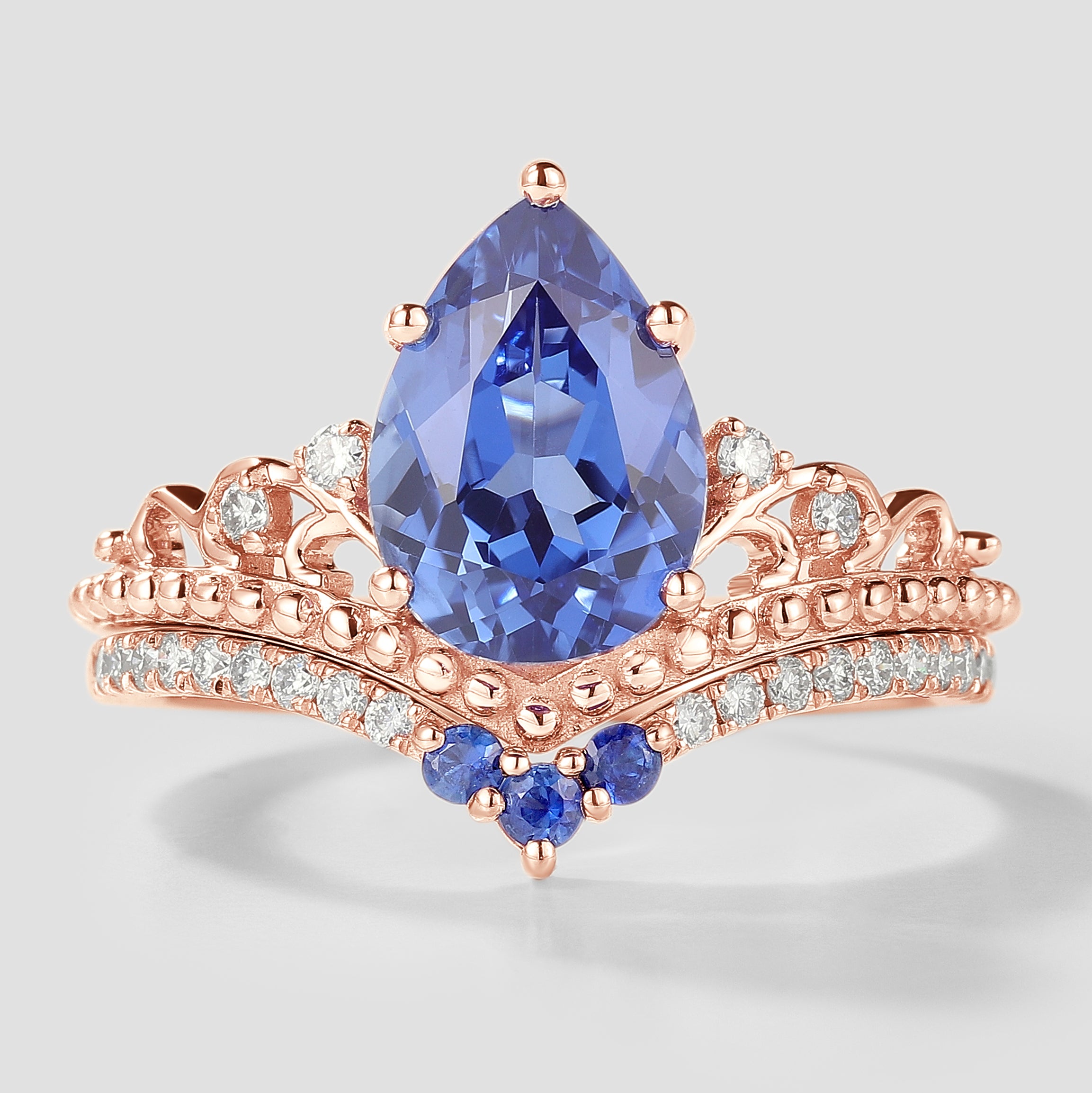 Vintage Cornflower Sapphire Engagement Ring Set, Rose Gold