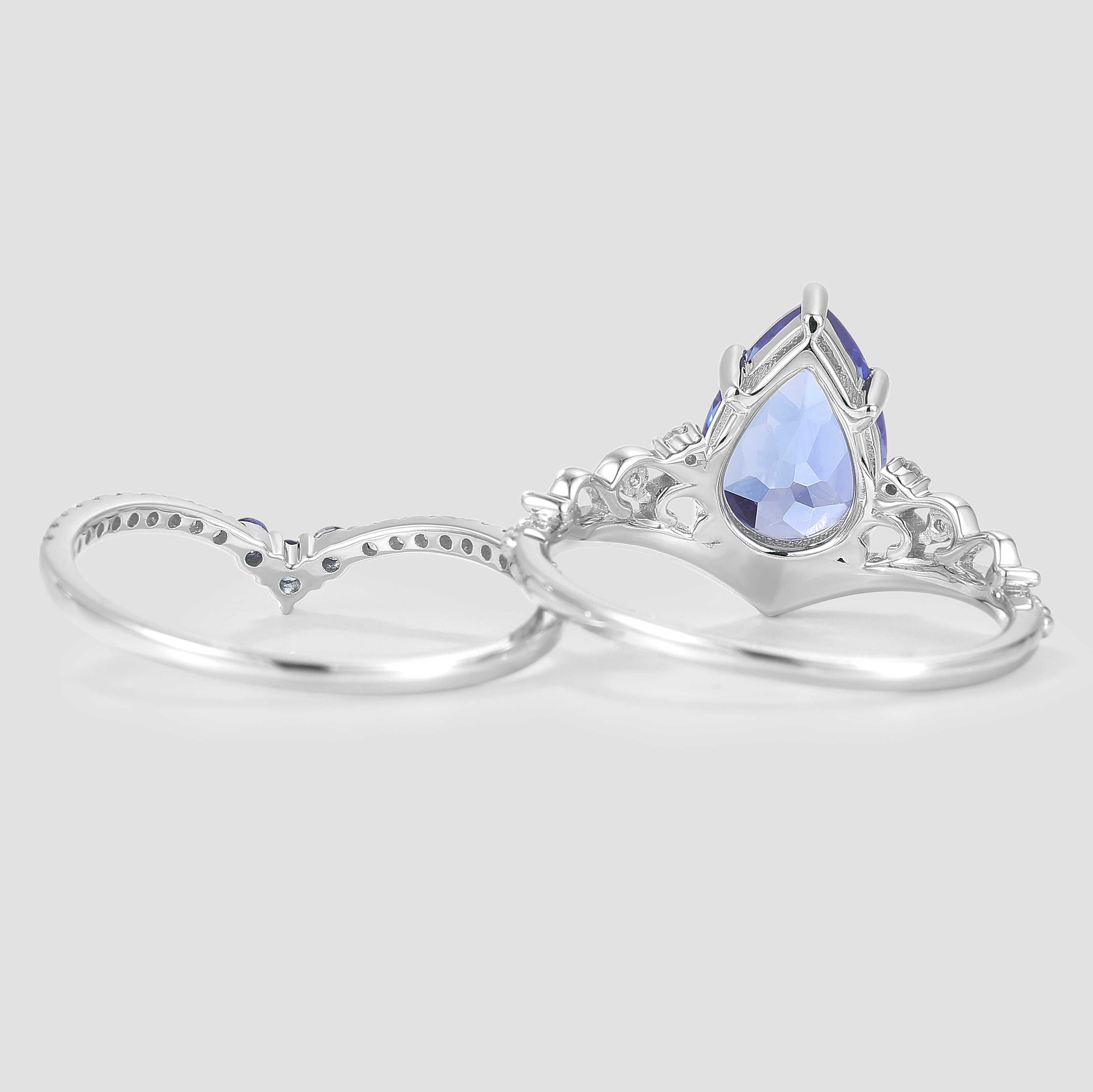Vintage Lab Cornflower Sapphire Engagement Ring Set 2pcs In White Gold