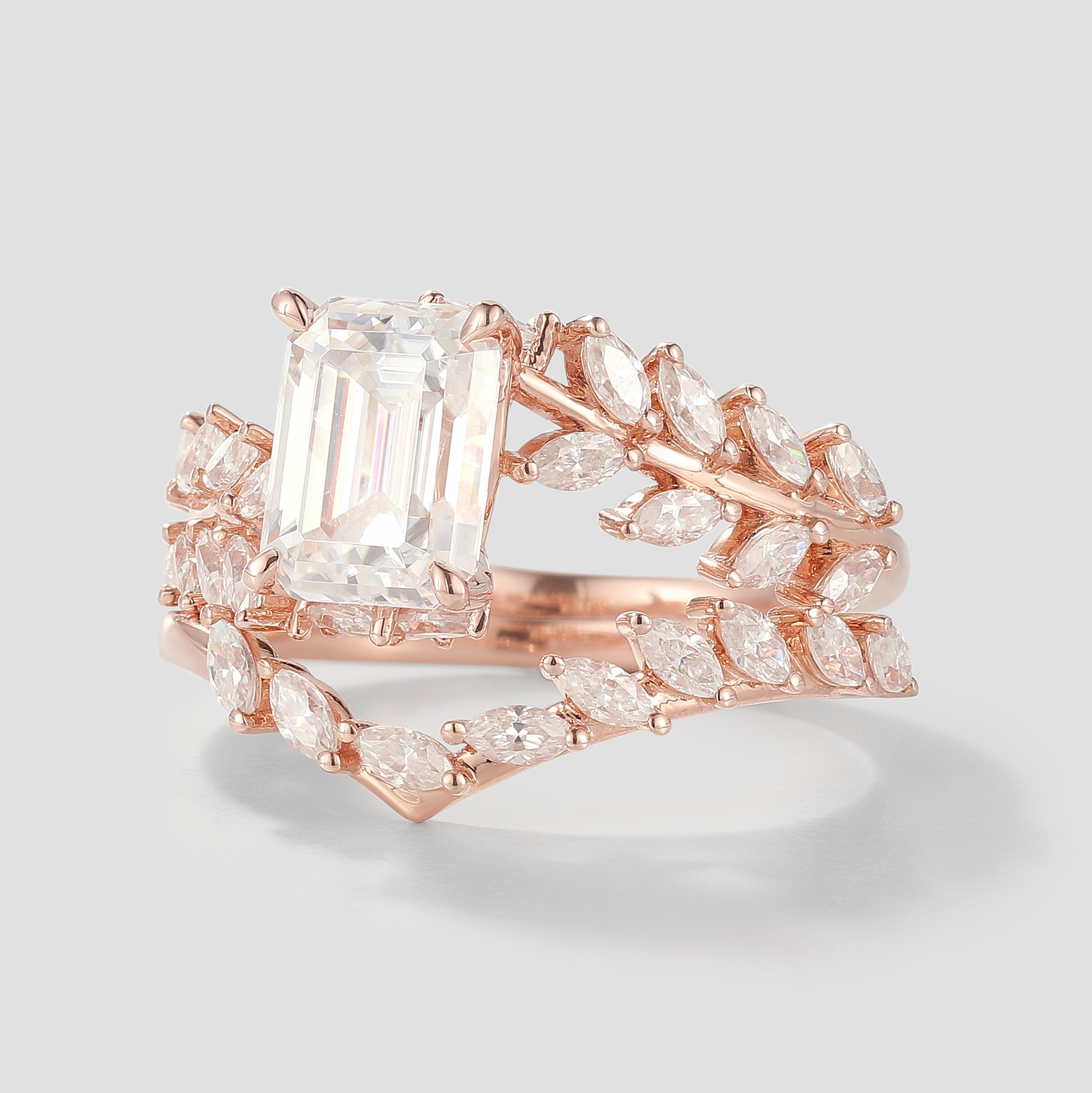 Emerald Cut Moissanite Leaf Engagement Ring Set, Rose Gold