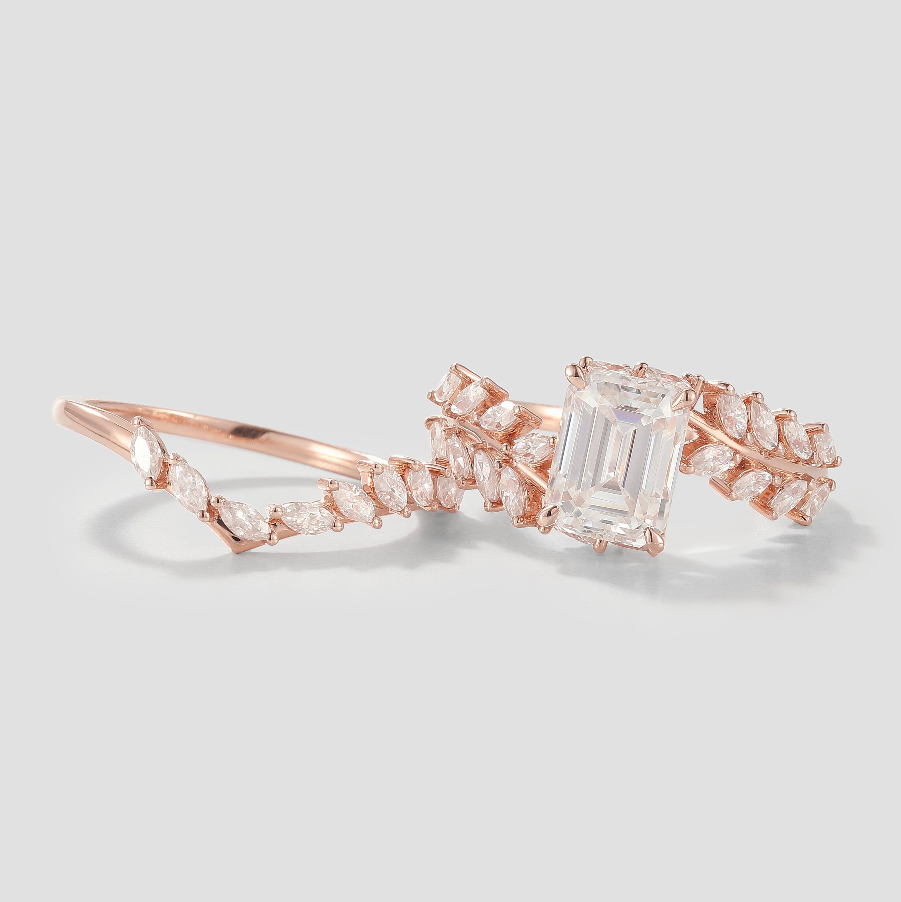 Emerald Cut Moissanite Leaf Engagement Ring Set in Rose Gold