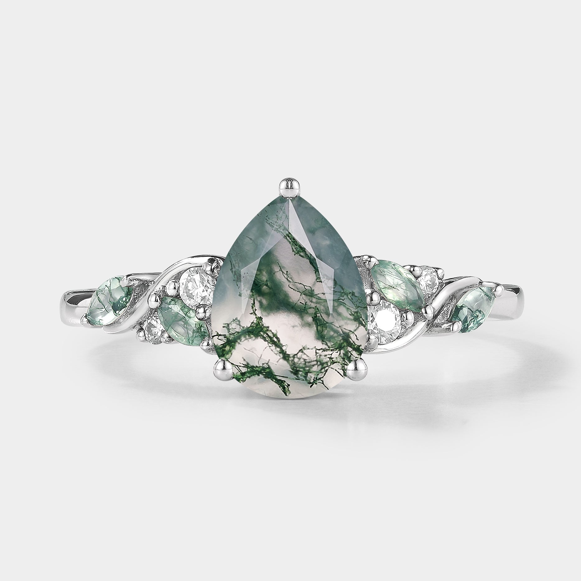 Moss Agate Engagement Ring with Leaf Design