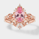 Vintage Padparadscha Sapphire Engagement Ring with Leaf Chevron Wedding Band