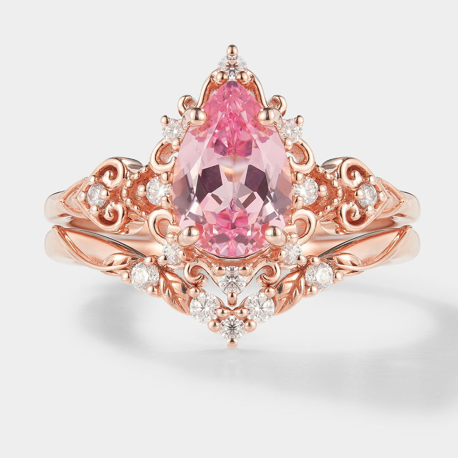 Vintage Padparadscha Sapphire Engagement Ring with Leaf Chevron Wedding Band
