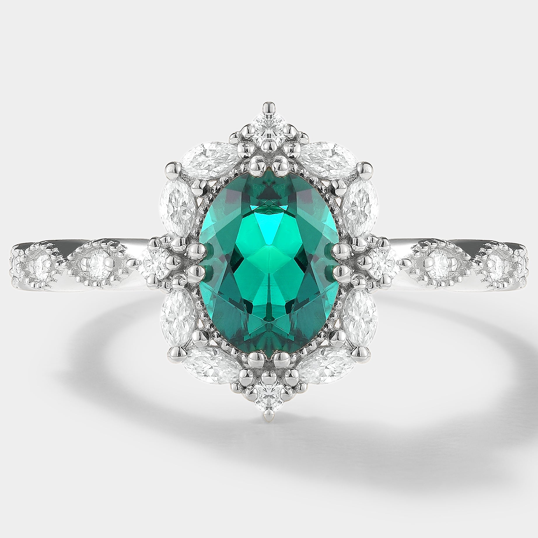 Vintage Emerald Engagement Ring with Moissanite Halo