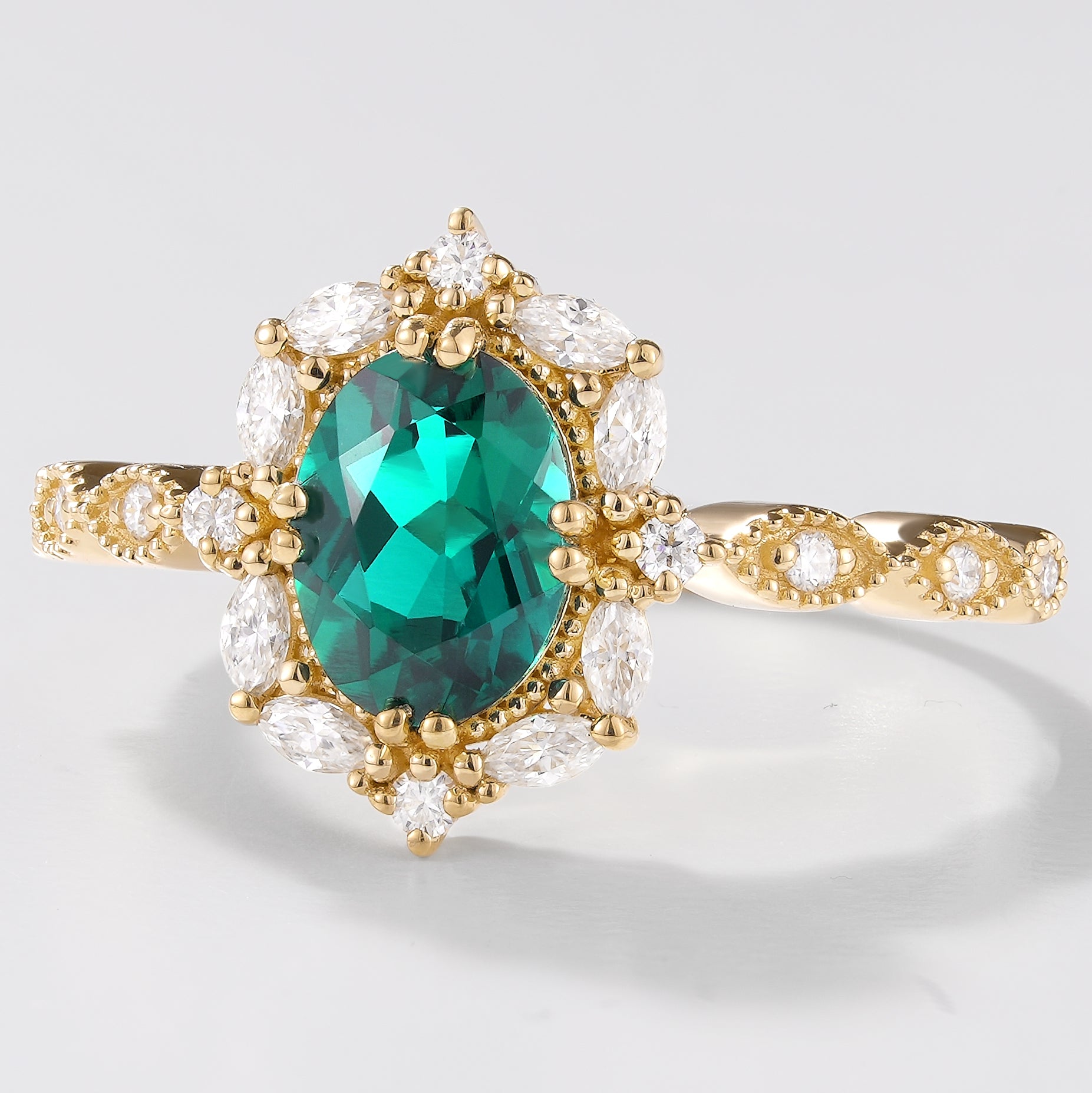 Oval Emerald and Moissanite Engagement Ring, Vintage-Inspired Design