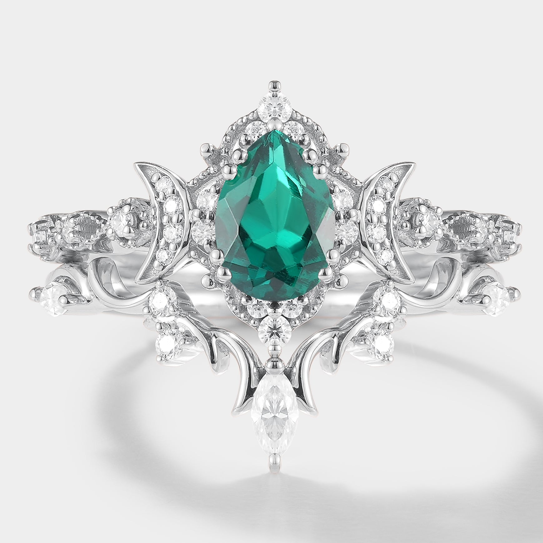 Celestial-inspired Emerald Engagement Ring Set with Moissanite