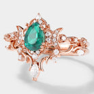 Rose gold emerald and moissanite ring set, moon shaped cluster