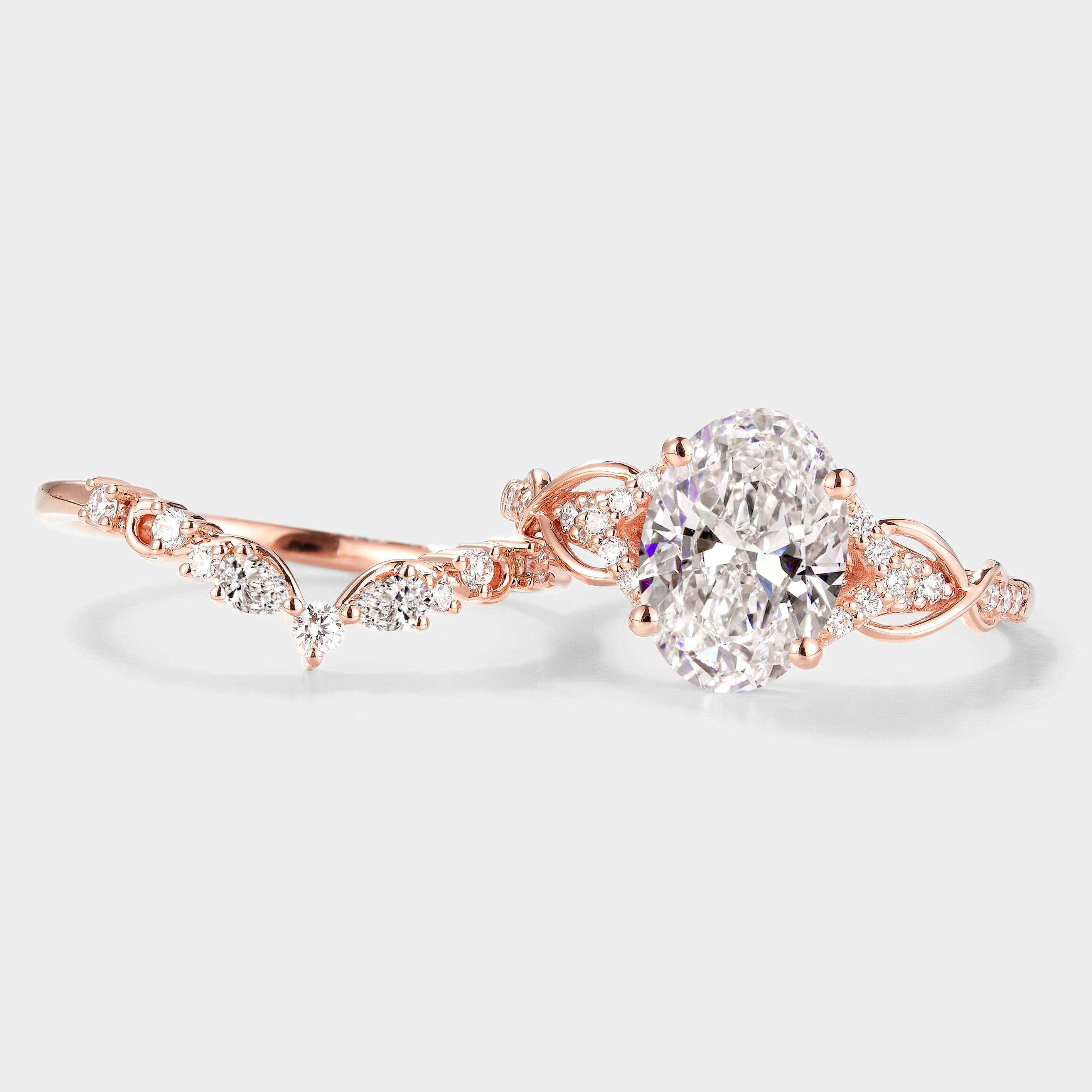 Oval Cut Lab Grown Diamond Engagement Ring Curved Wedding Band 2pcs In Rose Gold