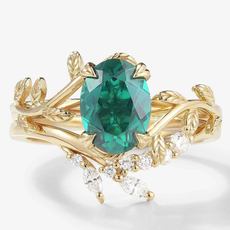 Oval Cut Emerald Leaf Engagement Ring Leaf Wedding Band 2pcs