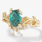 Oval Cut Emerald Leaf Engagement Ring Leaf Wedding Band 2pcs