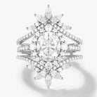 Classic Oval Moissanite Halo Engagement Ring & Vintage Enhancer Double Wedding Band 2Pcs Set