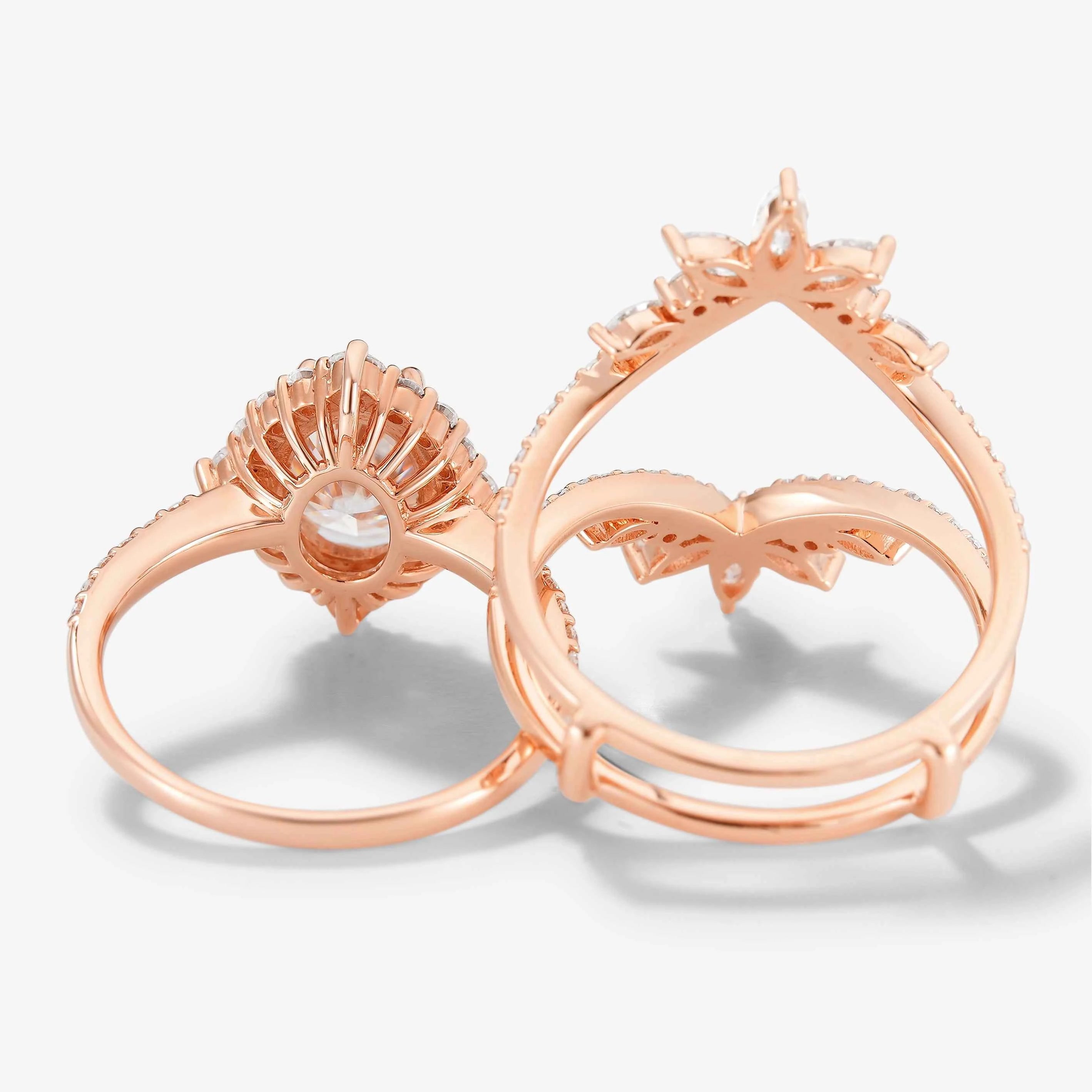 Classic Oval Moissanite Halo Engagement Ring & Vintage Enhancer Double Wedding Band 2Pcs Set