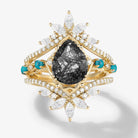 Pear Cut Black Rutilated Quartz Vintage Engagement Ring with Vintage Enhancer Wedding Bands 2 Pcs Set