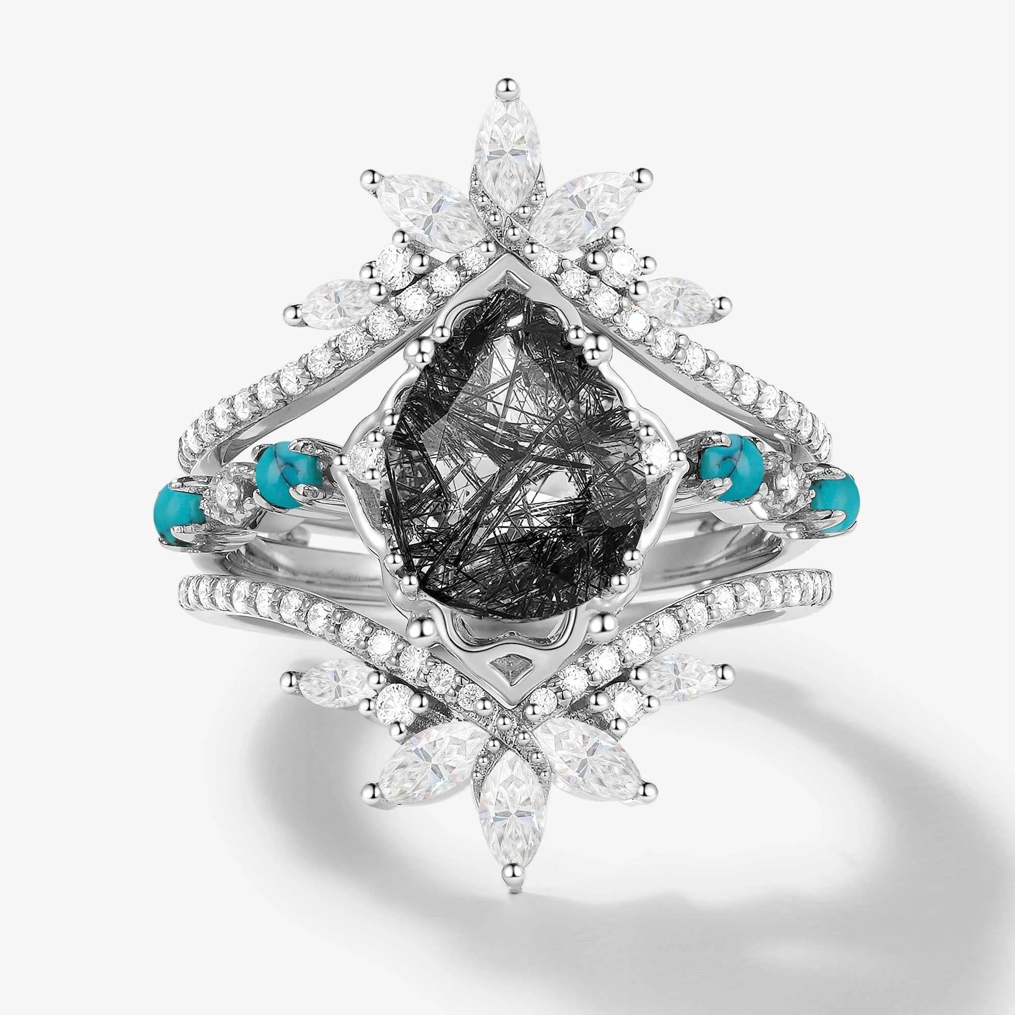 Pear Cut Black Rutilated Quartz Vintage Engagement Ring with Vintage Enhancer Wedding Bands 2 Pcs Set