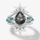 Pear Cut Black Rutilated Quartz Vintage Engagement Ring with Vintage Enhancer Wedding Bands 2 Pcs Set