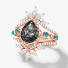 Pear Cut Black Rutilated Quartz Vintage Engagement Ring with Vintage Enhancer Wedding Bands 2 Pcs Set