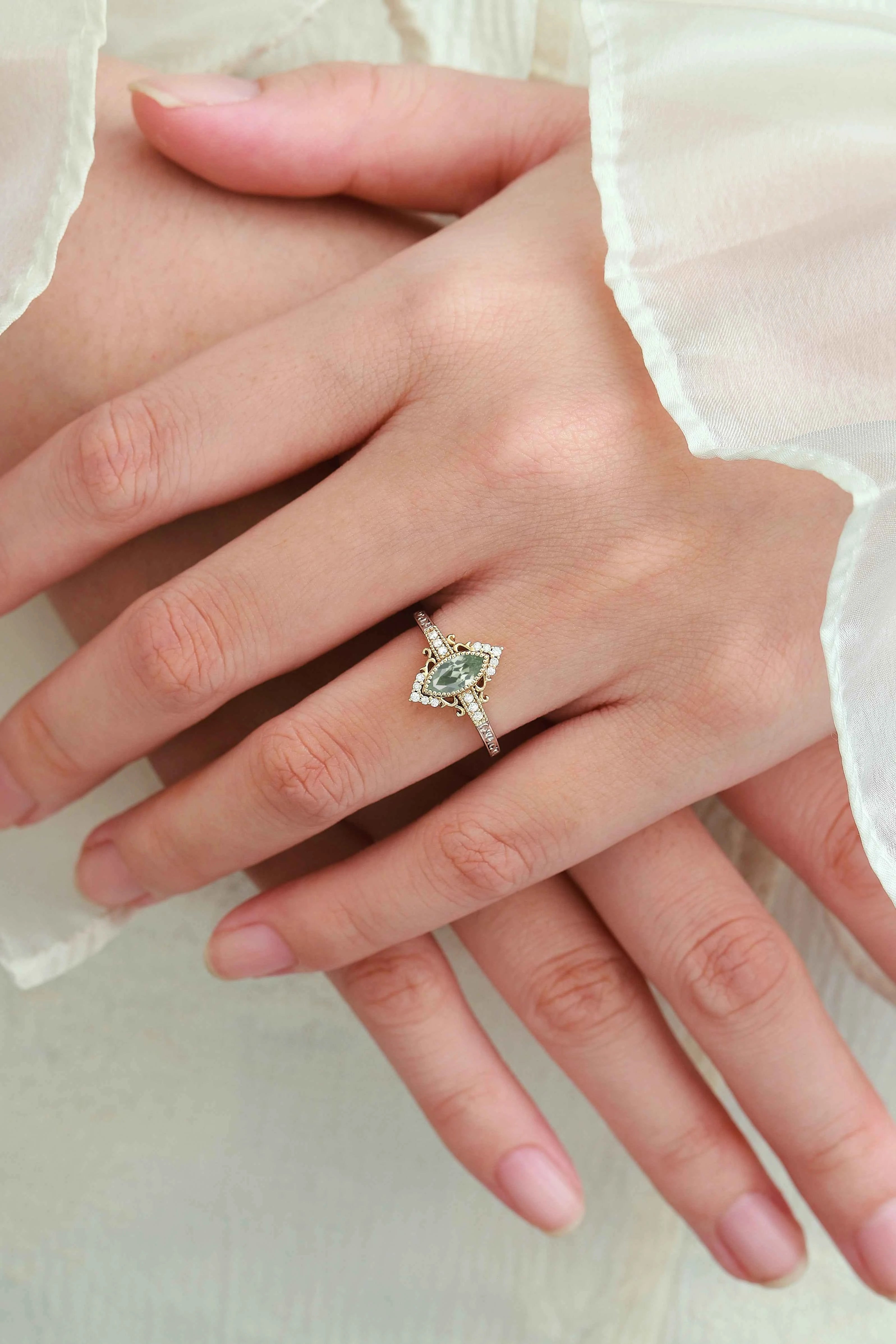 Bezel Setting & Milgrain Detailing Marquise-Cut Green Tsavorite  Engagement Ring