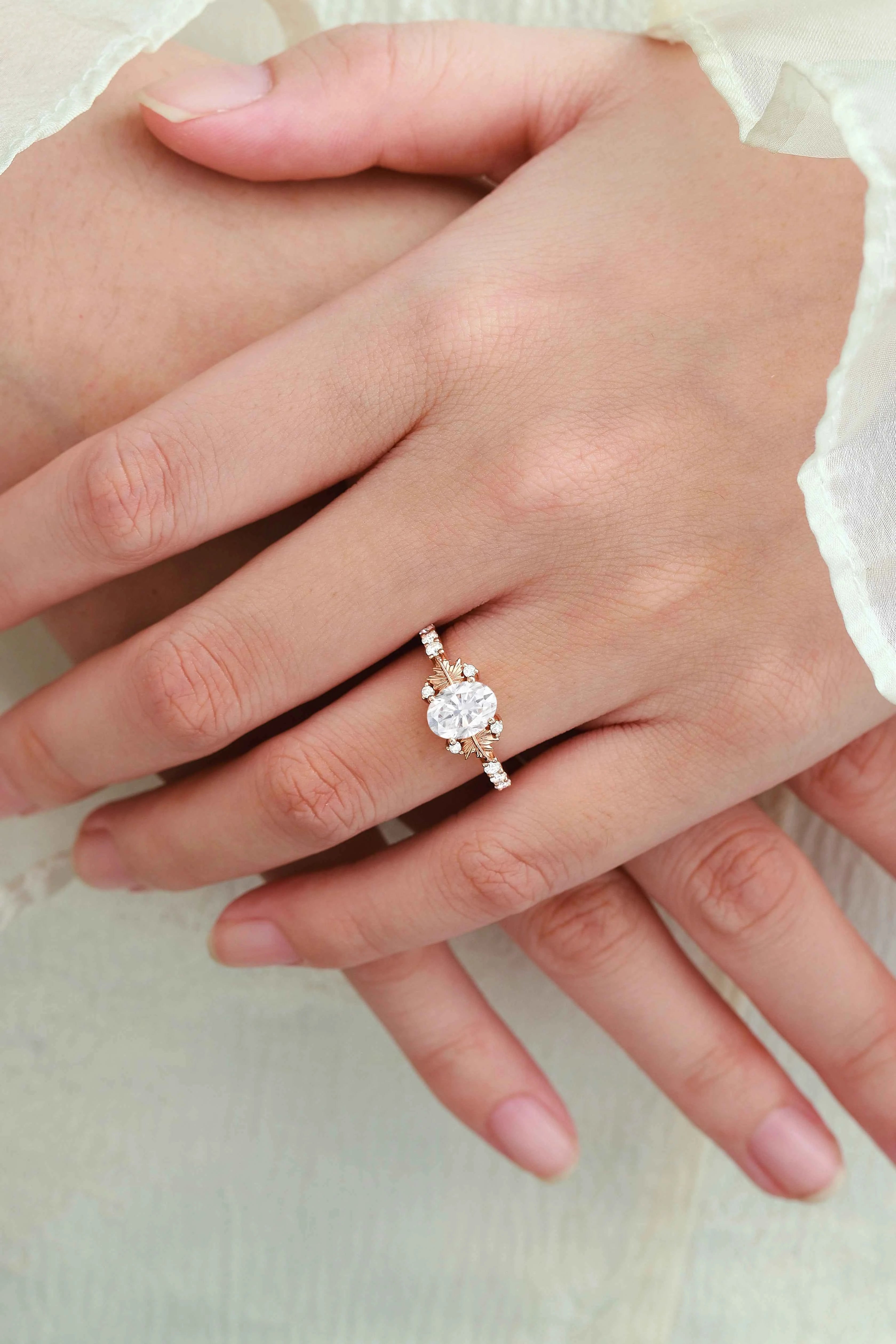 Maple Leaf Design Oval-Cut Moissanite Pavé Engagement Ring